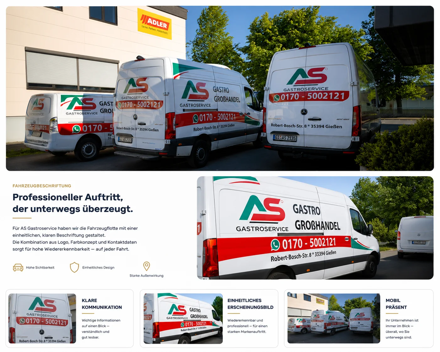 AS Gastroservice Flottenreferenz mit mehreren beschrifteten Transportern sowie Detailansichten von Seite und Heck.