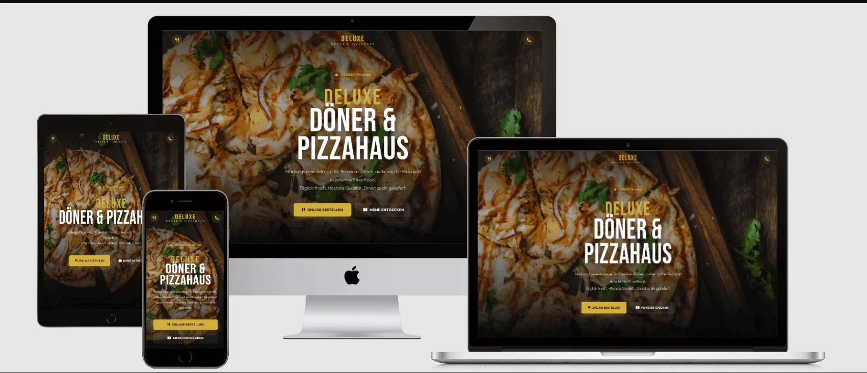 Responsive Website für Deluxe Döner und Pizzahaus auf Desktop, Tablet und Smartphone.