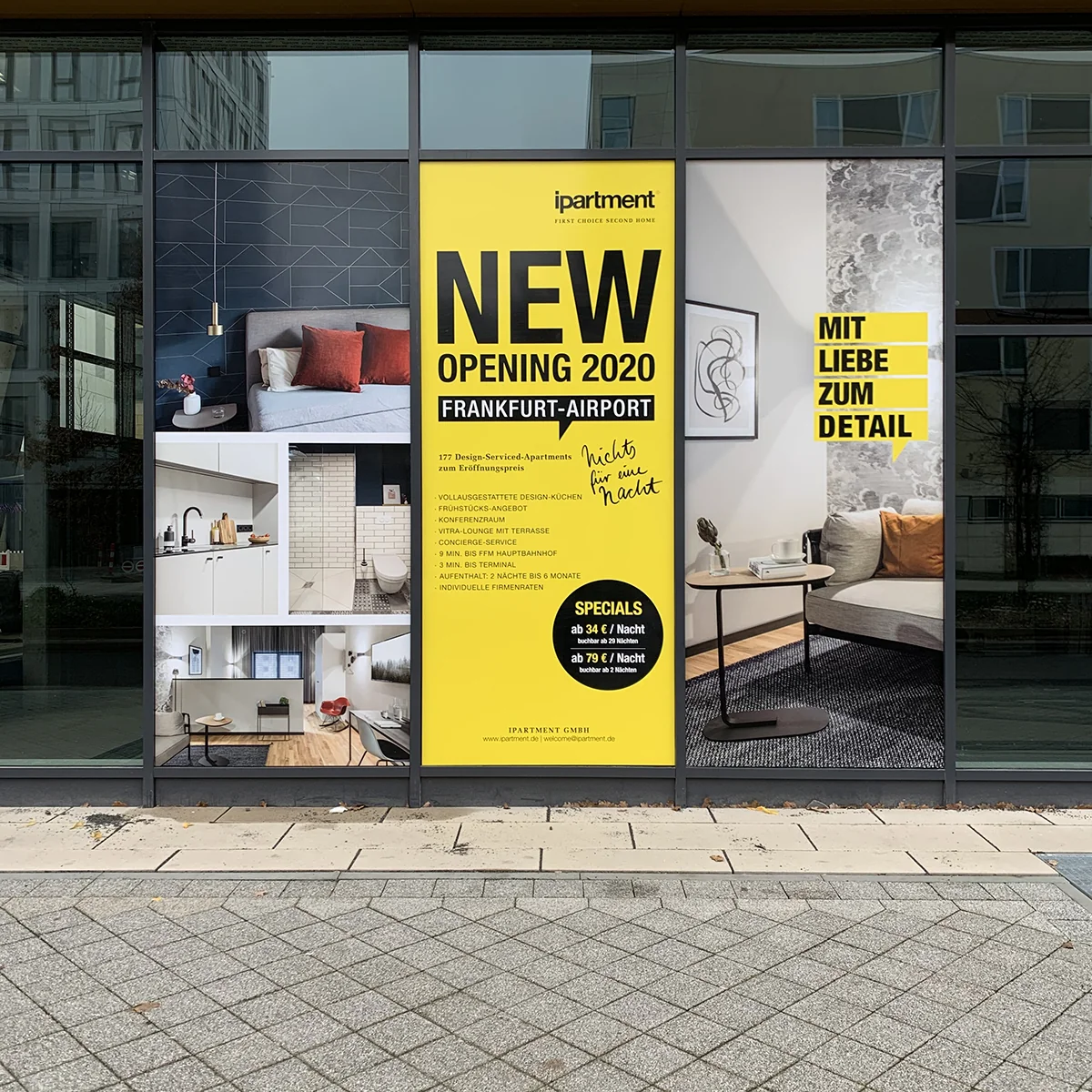 Gelb-schwarze iPartment Schaufensterkampagne zur Neueröffnung am Frankfurt Airport.