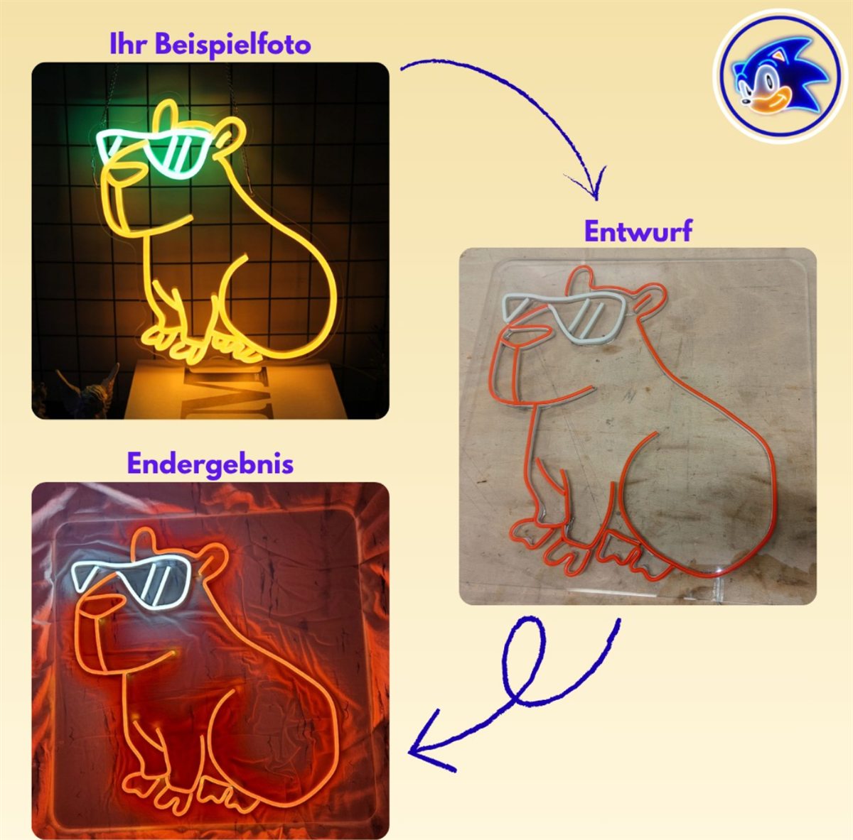 Beispielbild, Entwurf und Endergebnis eines individuellen Bären-Neonschilds