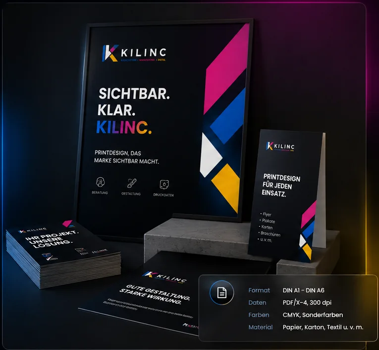 Hochwertiges Printdesign-Set mit Plakat, Flyer, Karten und Broschüre im KILINC Stil