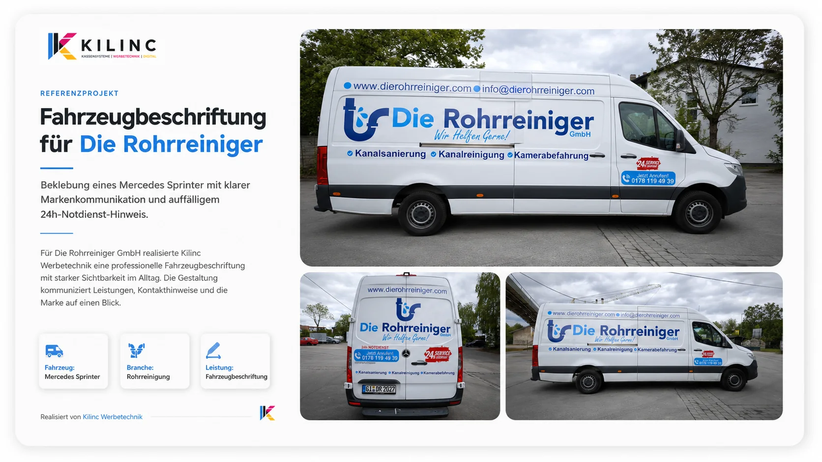 KILINC Referenzprojekt für Die Rohrreiniger mit drei Ansichten eines professionell beschrifteten Mercedes Sprinters.