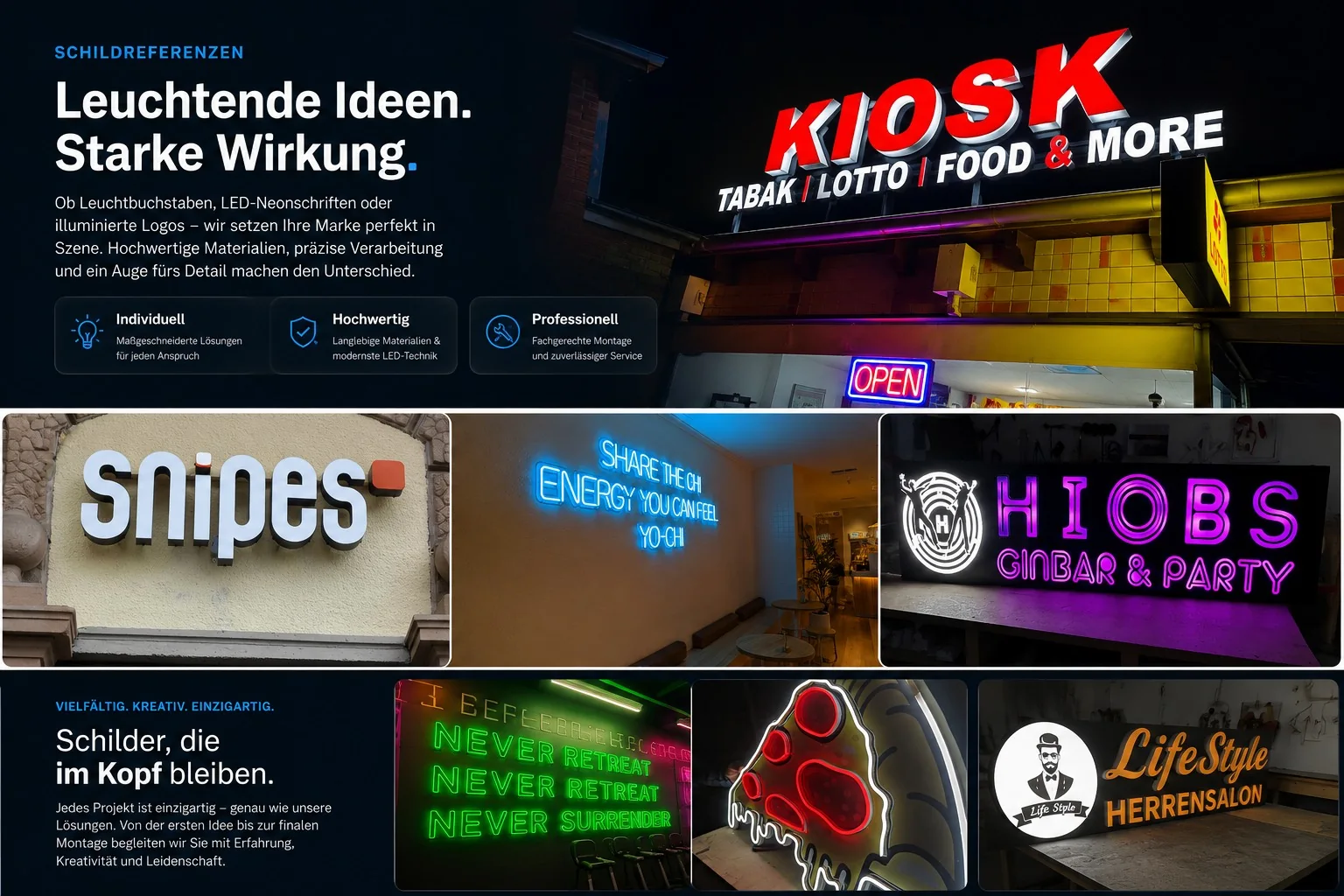 KILINC Referenzcollage mit KIOSK Lichtwerbung, Snipes Einzelbuchstaben, individuellen Neonschildern und realisierten Fassadenschriftz&uuml;gen.
