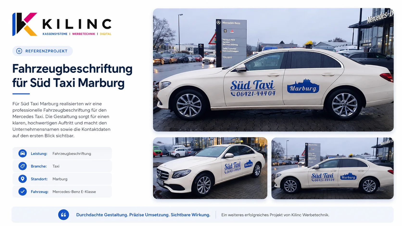 KILINC Referenzprojekt für Süd Taxi Marburg mit drei Ansichten einer beschrifteten Mercedes-Benz E-Klasse.