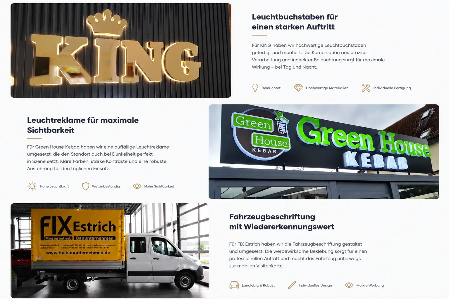 Kuratierte Referenzstrecke mit KING Leuchtbuchstaben, Green House Fassadenwerbung und FIX Estrich Fahrzeugbeschriftung