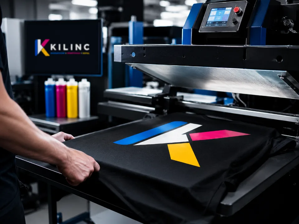 Schwarzes Textil mit farbigem KILINC Motiv während der Produktion