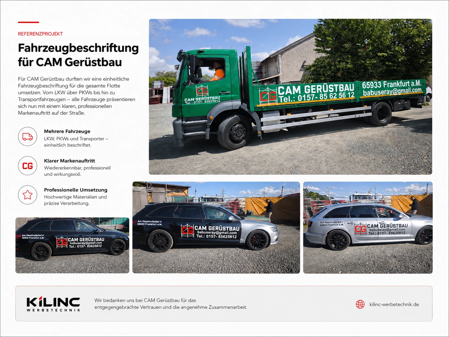 Referenzprojekt CAM Gerüstbau mit grünem LKW sowie schwarzen und silbernen beschrifteten Firmenfahrzeugen.
