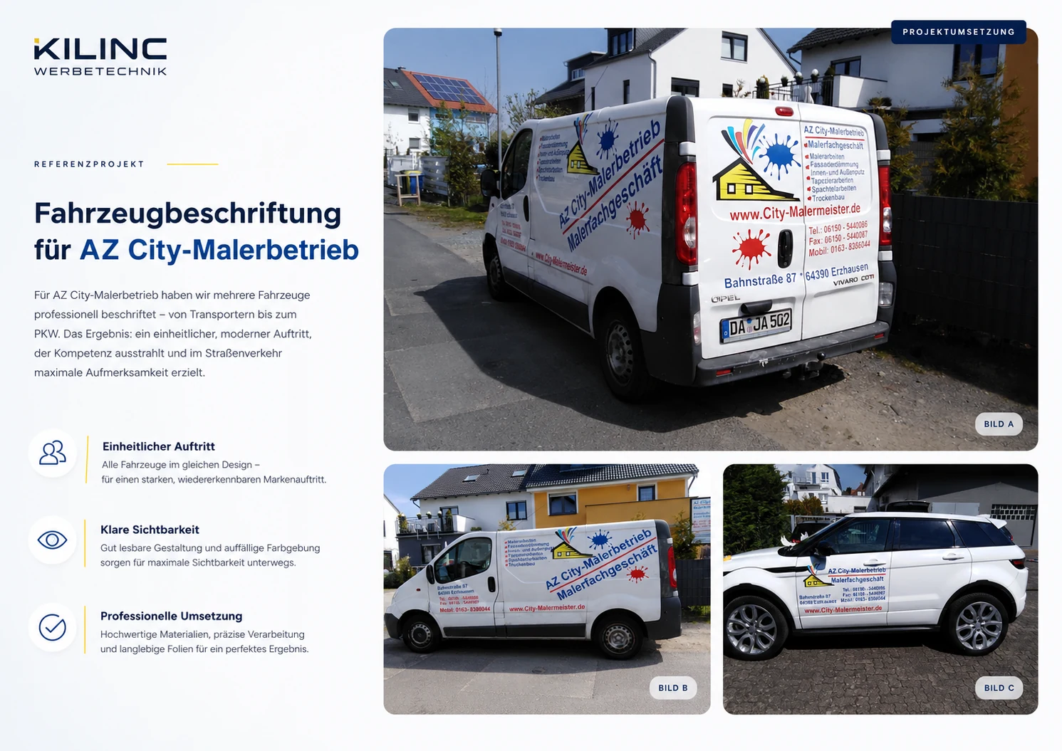 Referenzprojekt für AZ City-Malerbetrieb mit professionell beschriftetem Transporter und PKW.