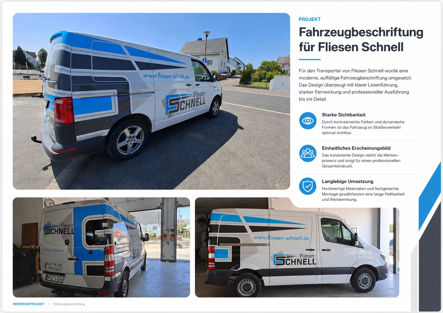 Referenzprojekt für Fliesen Schnell mit drei Ansichten eines blau und grau beschrifteten Transporters.