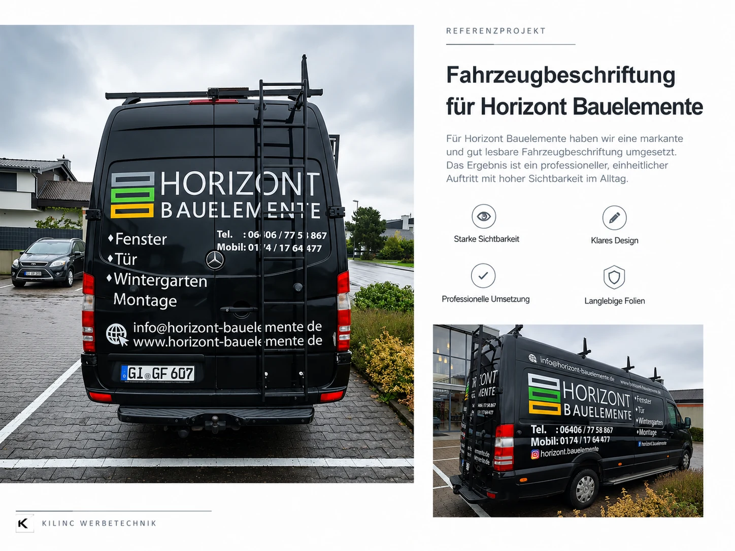 Referenzprojekt für Horizont Bauelemente mit Heck- und Seitenansicht eines schwarz beschrifteten Mercedes Transporters.