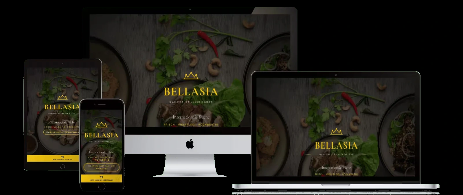 Responsive Restaurantwebsite Bellasia mit dunkler, goldener Gestaltung.