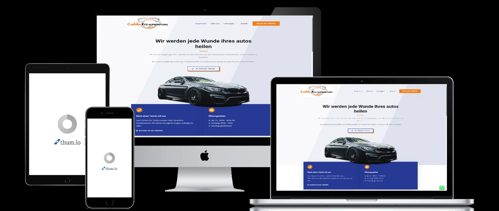 Responsive Website für CarMen KFZ-Aufbereitung auf Desktop, Laptop, Tablet und Smartphone.
