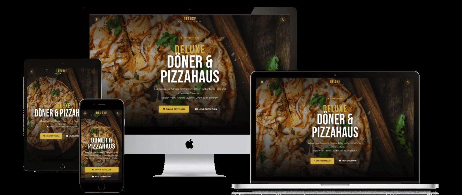 Responsive Website für Deluxe Döner und Pizzahaus mit großformatiger Food-Fotografie.