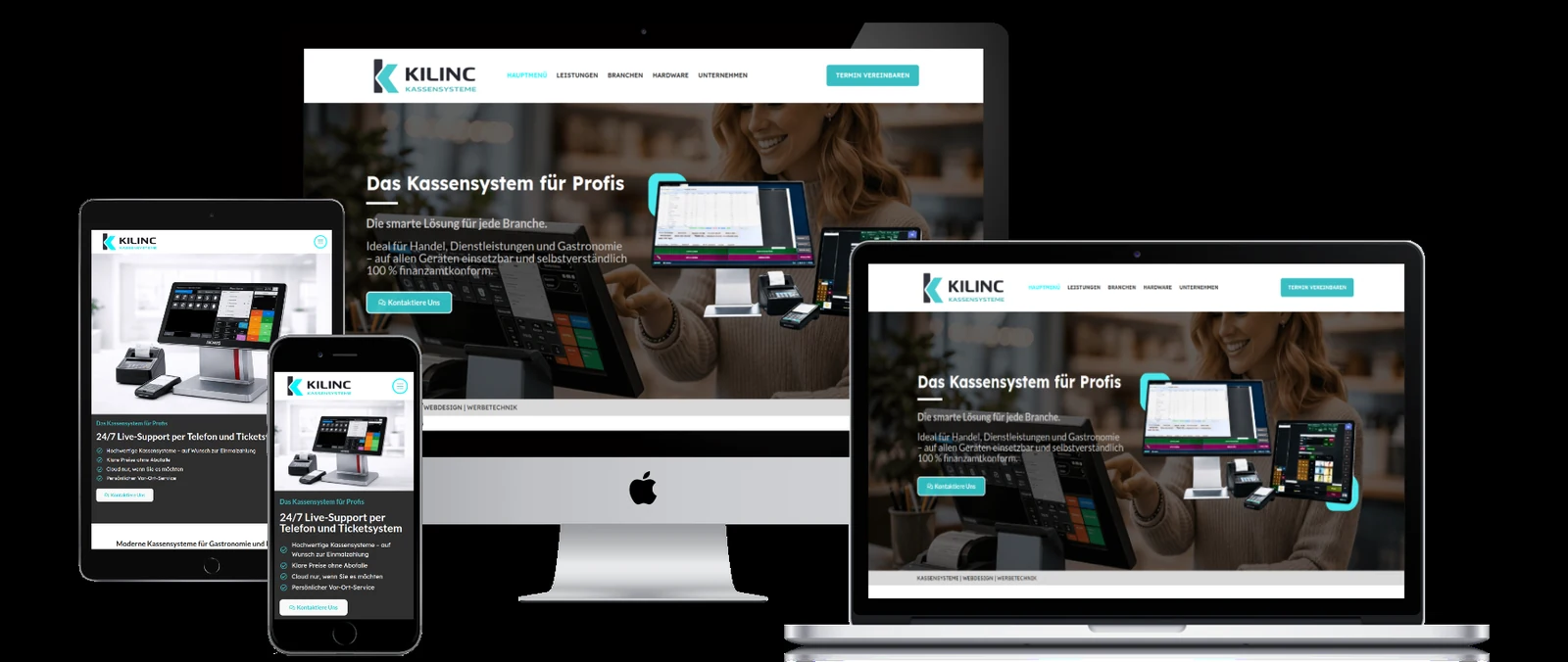 Responsive Produktwebsite von KILINC Kassensysteme auf vier Endgeräten.