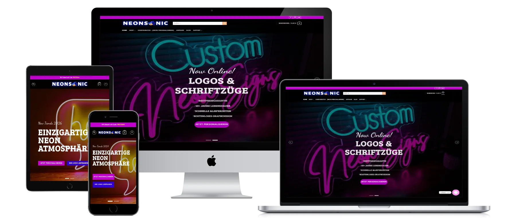 Responsive Neonsonic Online-Shop mit Neon-Konfigurator auf Desktop, Laptop, Tablet und Smartphone