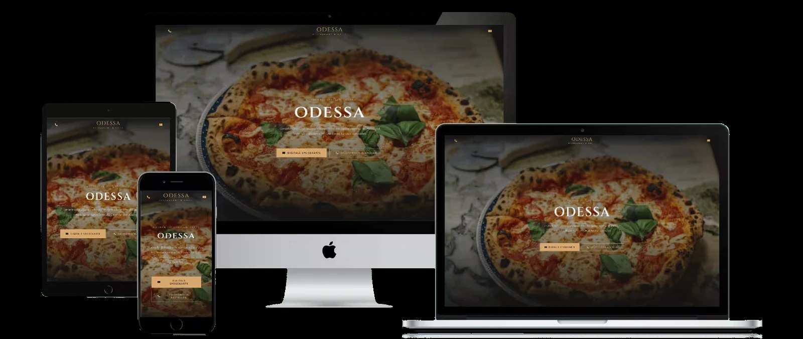 Responsive Restaurantwebsite Odessa mit eleganter dunkler Gestaltung.