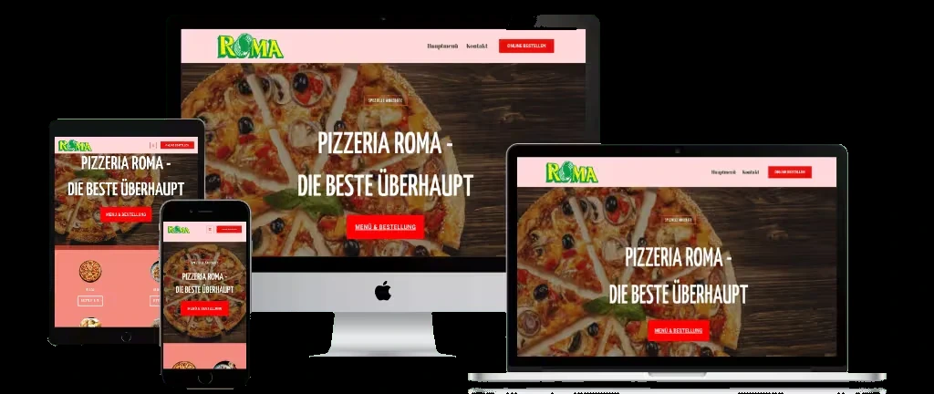Responsive Website für Pizzeria Roma mit Produktfokus und Bestellfunktion.