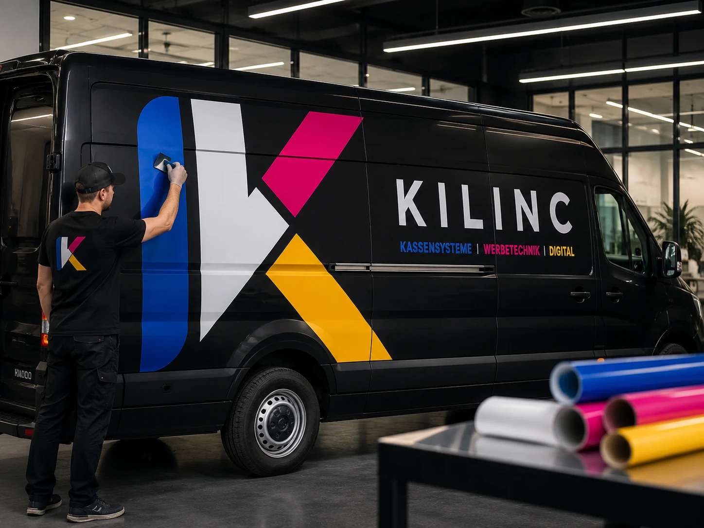 Schwarzer KILINC Transporter mit großflächiger Fahrzeugbeschriftung in der Werkstatt.